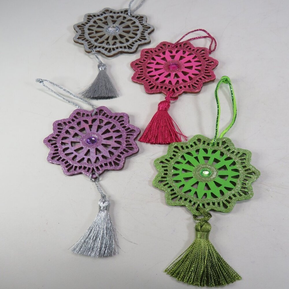 Colorful (4) Laser Cut Glittered Tassel Christmas Ornaments DOUBLE SIDED